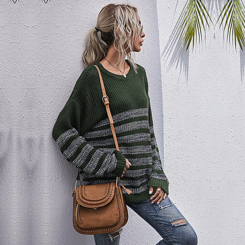Women's Autumn Loose Striped Round Neck Long Long-Sleeved Sweater Knitwear Women
