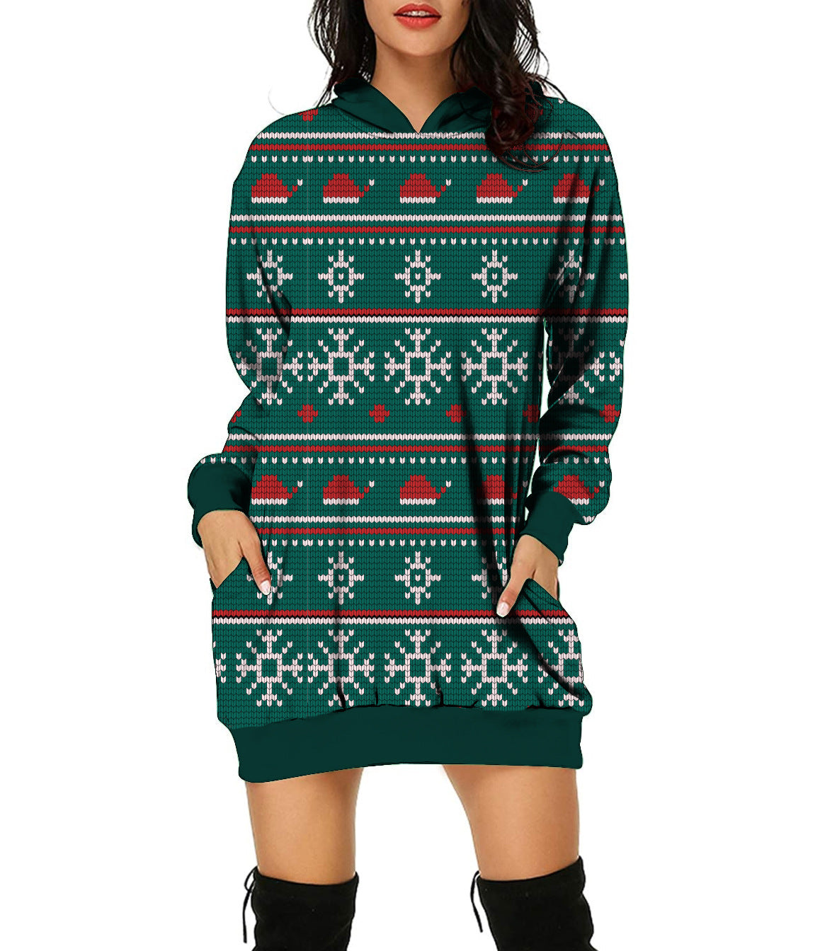 Autumn And Winter New Christmas Pattern Christmas Tree Print Hooded Jumper For Women Long-Sleeved Loose Hoodie Dress