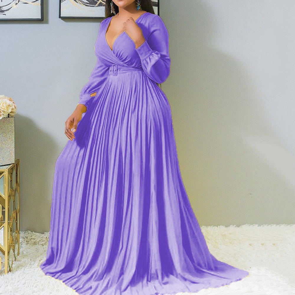 Plus-Size Women's Deep V Cross Grab Pleated Front Skirt Solid Color Pleated Big Swing Dress