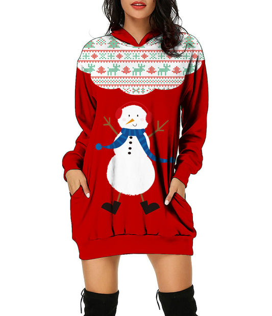 Autumn And Winter New Christmas Pattern Christmas Tree Print Hooded Jumper For Women Long-Sleeved Loose Hoodie Dress