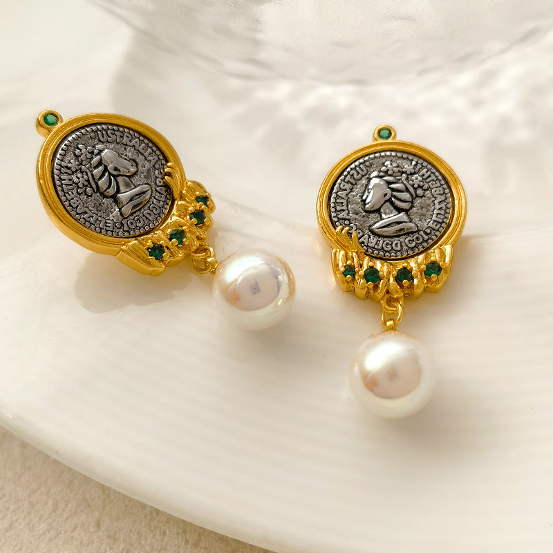 S925 Silver Needle Retro Court Style Earrings Personality Niche Design Head Pearl Earrings