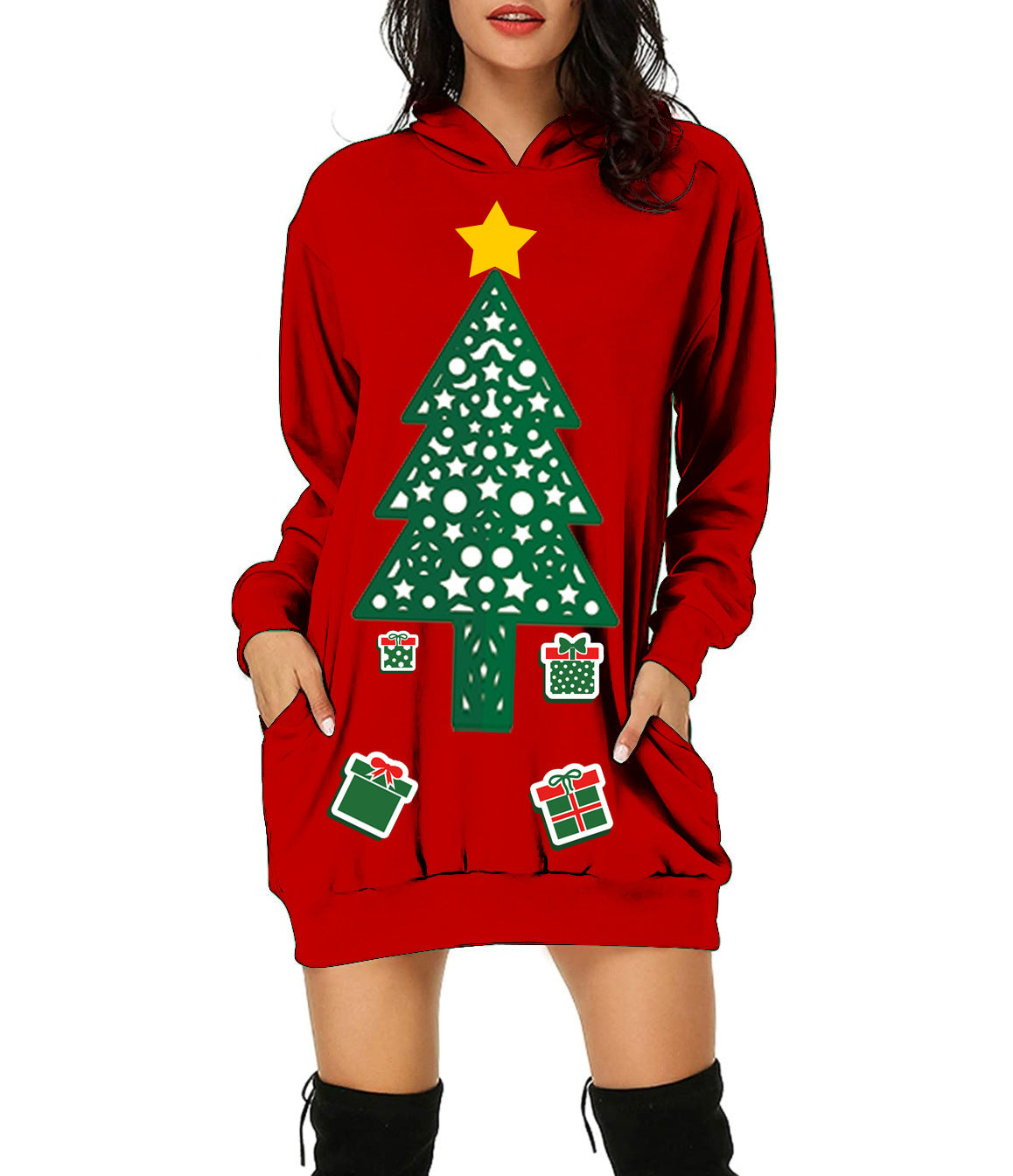Autumn And Winter New Christmas Pattern Christmas Tree Print Hooded Jumper For Women Long-Sleeved Loose Hoodie Dress
