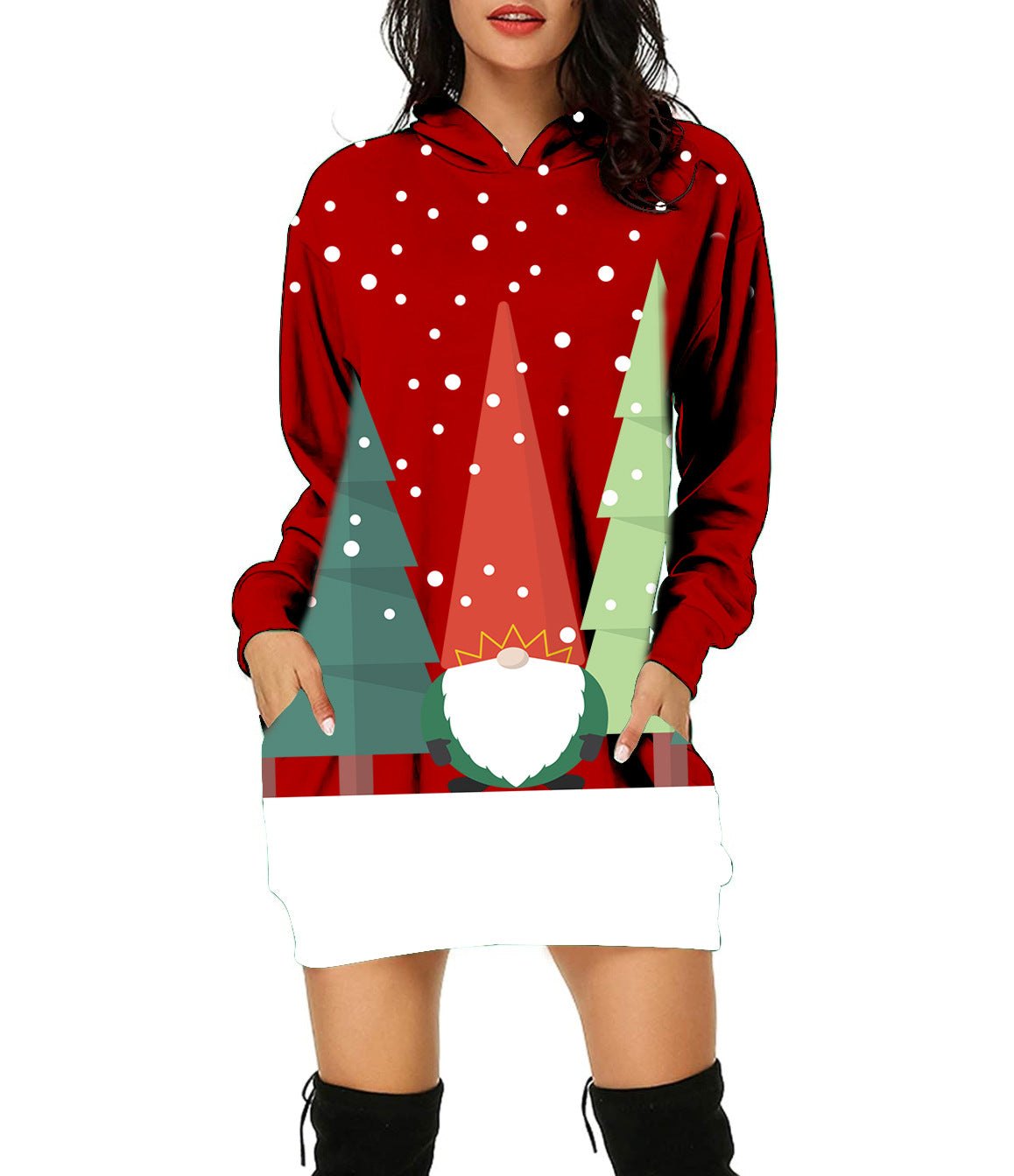 Autumn And Winter Women's Christmas Digital Printed Pullover Medium Long Hoodie Urban Casual Hoodie Dress