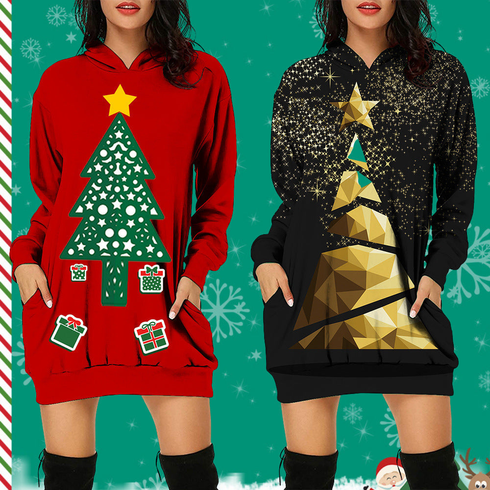 Autumn And Winter New Christmas Pattern Christmas Tree Print Hooded Jumper For Women Long-Sleeved Loose Hoodie Dress