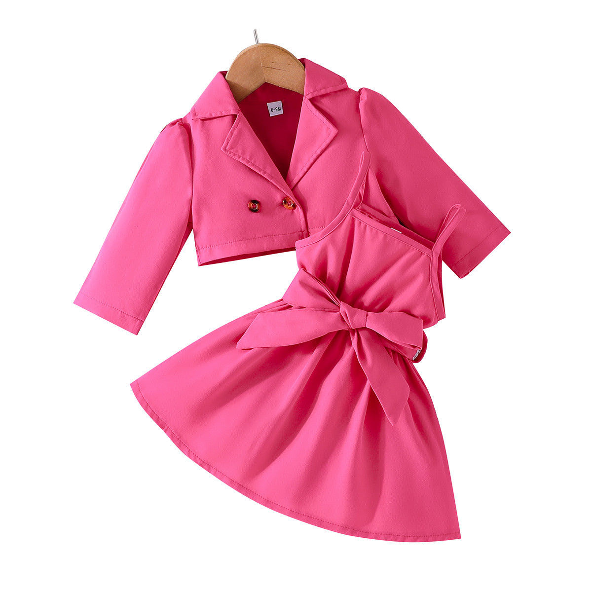 Spring And Autumn Sweet Simple Girls Lapel Long Sleeve + Solid Color Slip Dress Two-Piece Set Of A Hair