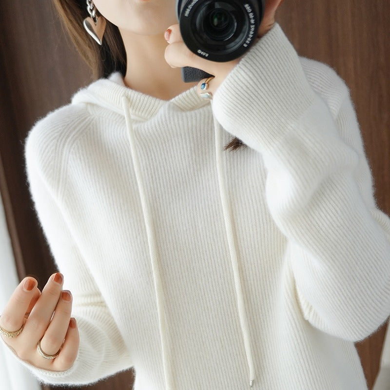 Autumn And Winter Wool Coat Long Sleeve Sleeve Loose Pure Wool Knit Hooded Sweater Wool Hoodie Thickened Women