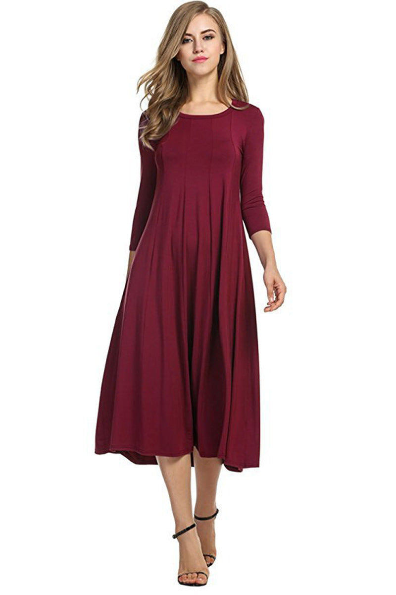 Women's Autumn And Winter New Skirt Fashion Round Neck Seven Points Sleeve Solid Color Swing Dress A Hair