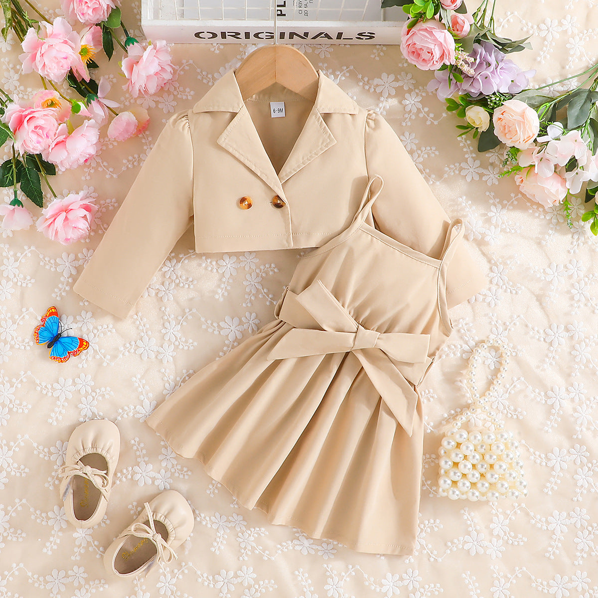 Spring And Autumn Sweet Simple Girls Lapel Long Sleeve + Solid Color Slip Dress Two-Piece Set Of A Hair