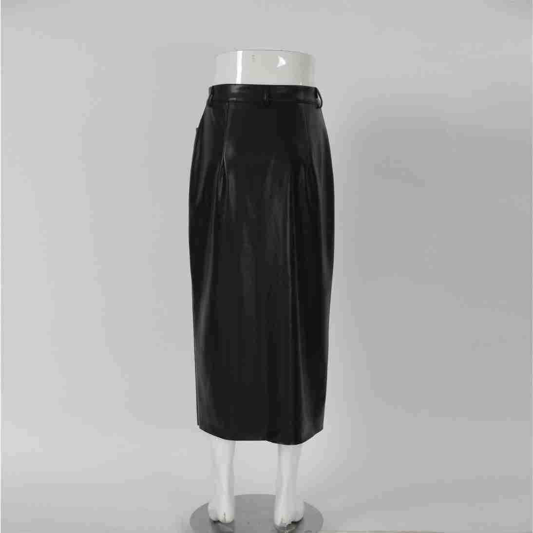 Autumn/Winter New Sexy Split Black Leather Skirt Commuter Leather High Waist Straight Skirt Mid-Length