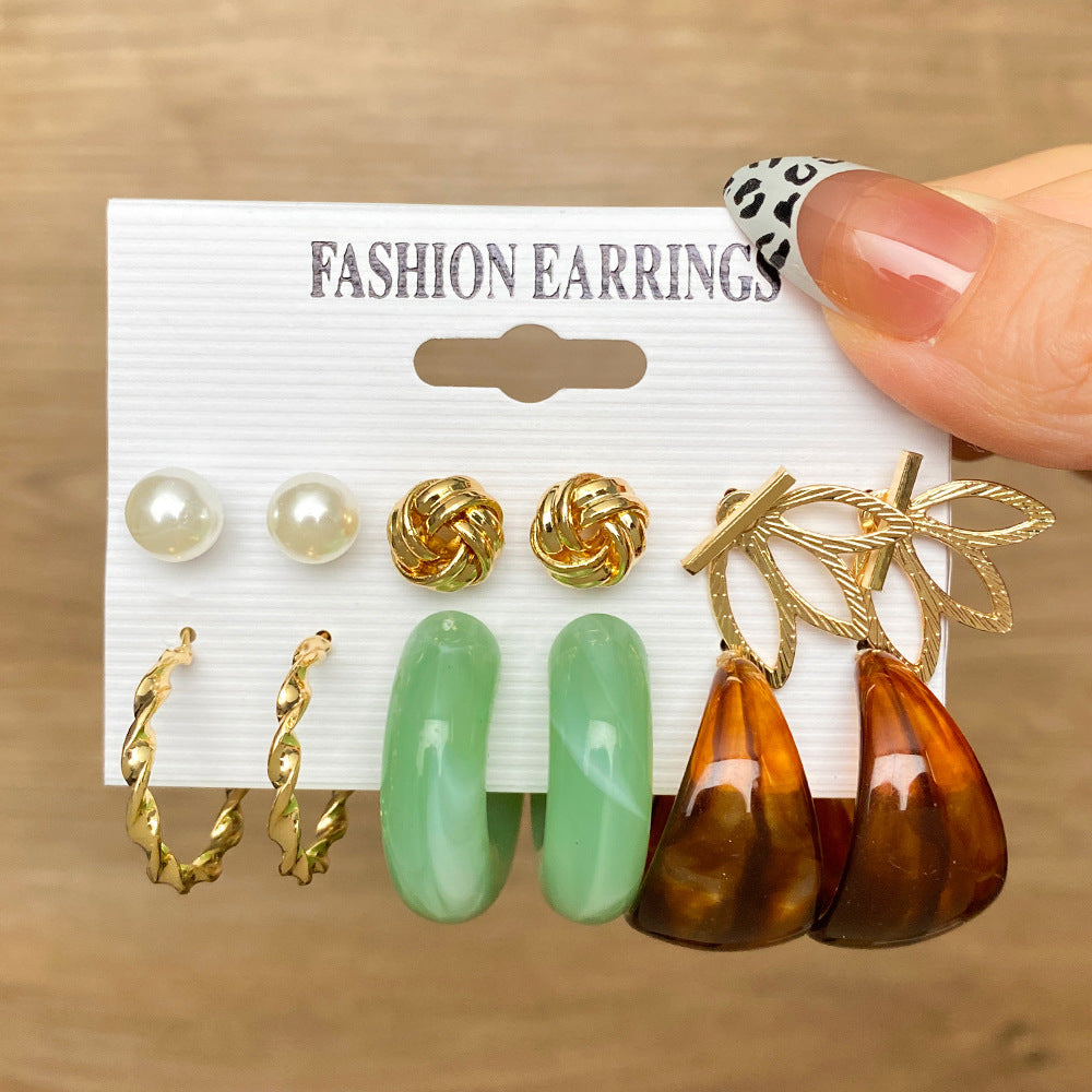 5 set New Resin Earrings Set For Women Retro Geometric Pearl Earrings 6-pairs one Set Combination