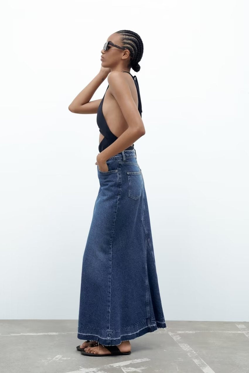 Spring Women's Casual Denim Spliced Flared Skirt