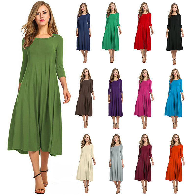 Women's Autumn And Winter New Skirt Fashion Round Neck Seven Points Sleeve Solid Color Swing Dress A Hair