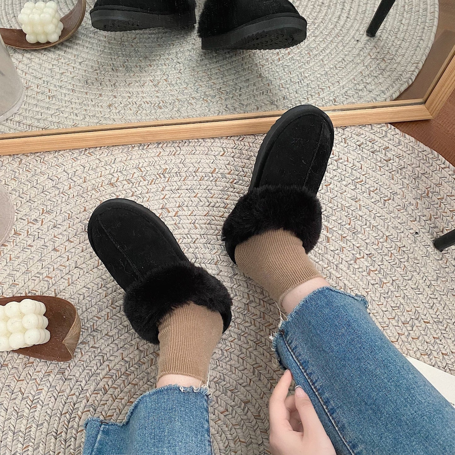 New fluffy slippers women wear fur one wrapped head snow boots 2023 winter new slip-on warm cotton slippers