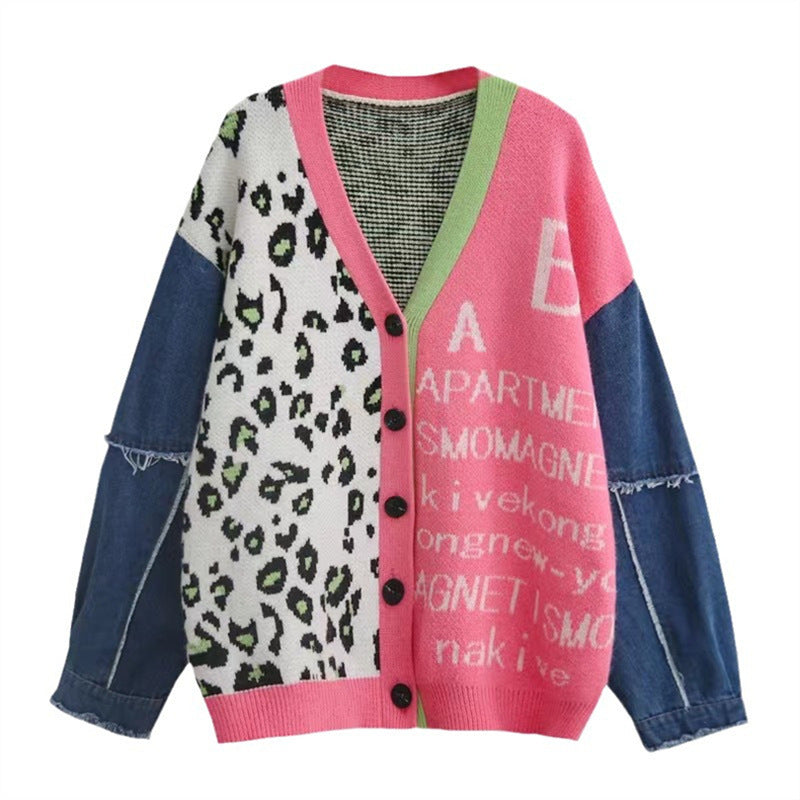 Sweater Girl Denim Splicing Leopard Print Jacquard Autumn And Winter New Style Color Contrast Loose Lazy Knit Cardigan Coat