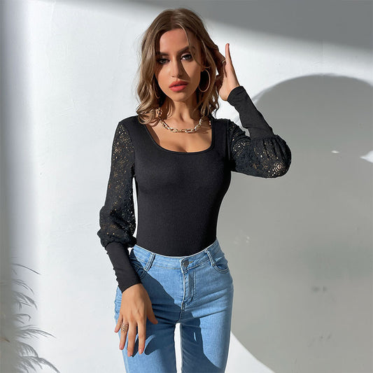 Fashion Women's Spring New Black Long-Sleeved Bodysuit