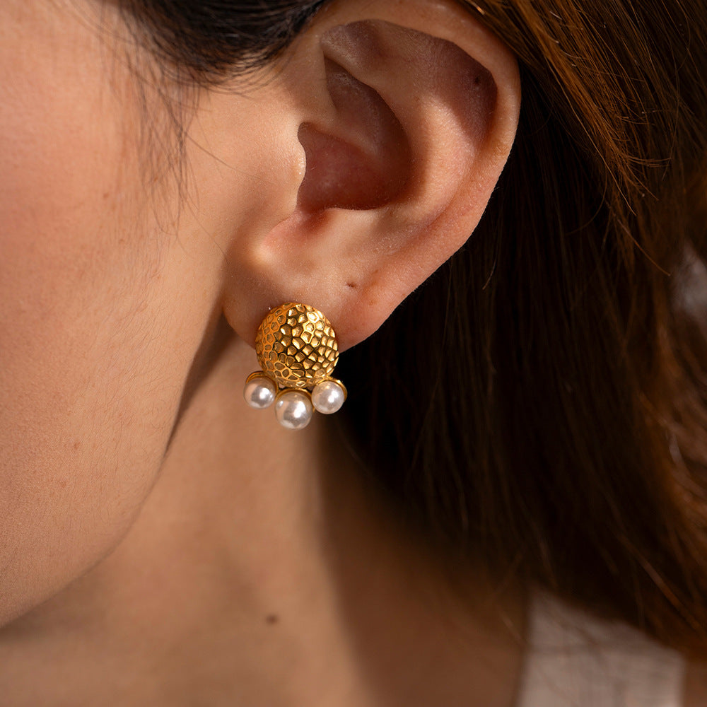 5pcs Fashion Classic Twist 18K Gold Stainless Steel Hammer Set Pearl Temperament Earrings All-Match Earrings