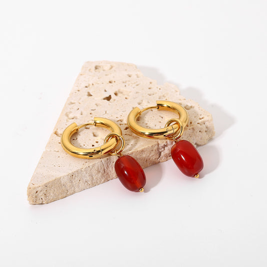 5pcs Double Gold Plated Red Stone Pendant Stainless Steel Earrings Women's Same Stud Earrings