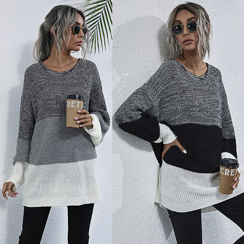 Women Fashion Crew-Neck Long Sleeve Color Knitting Sweater Female Autumn