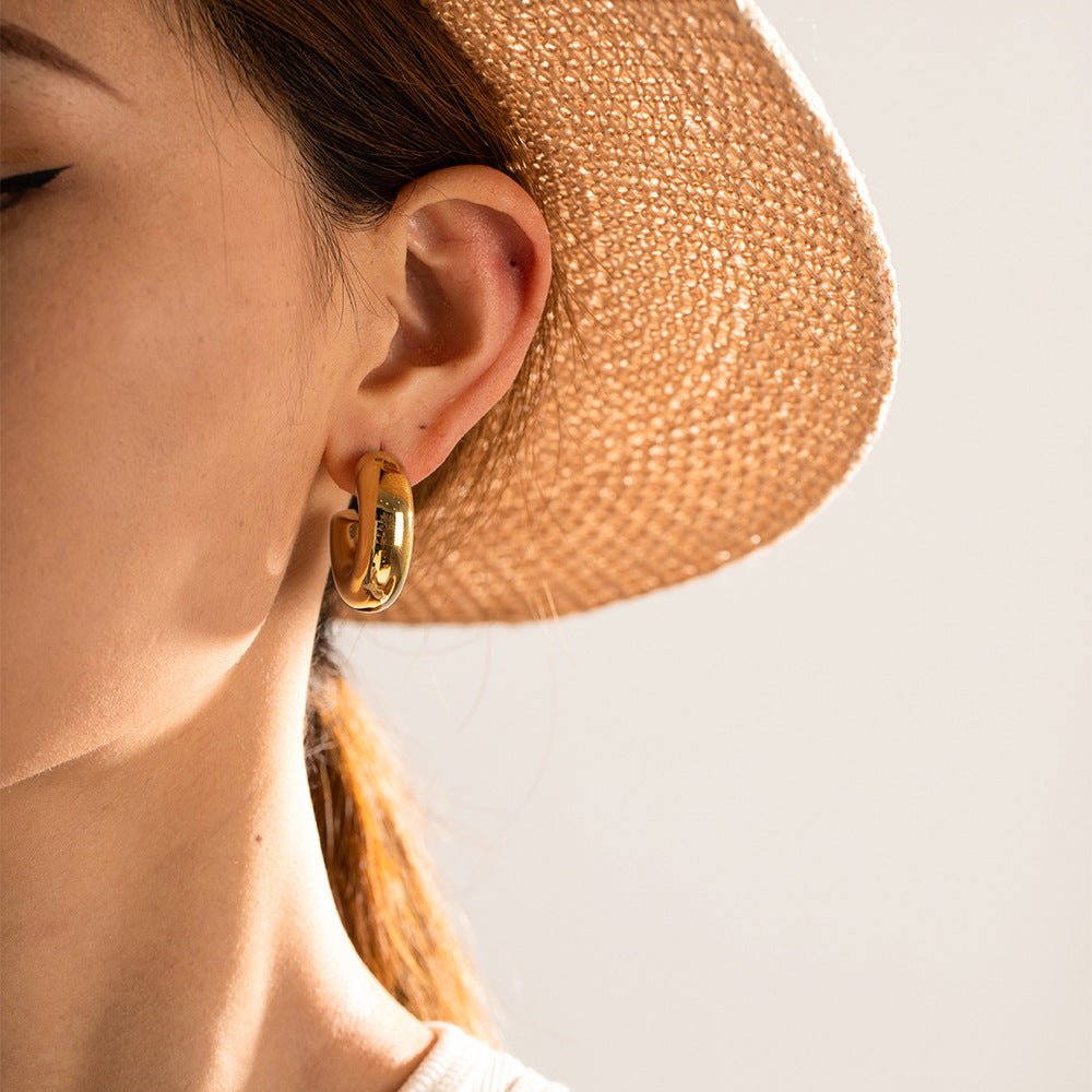 5pcs Fashion Pop Earrings 18K Gold-Plated Stainless Steel Chubby Thick Hollow C-Shaped Stud Earrings For Women
