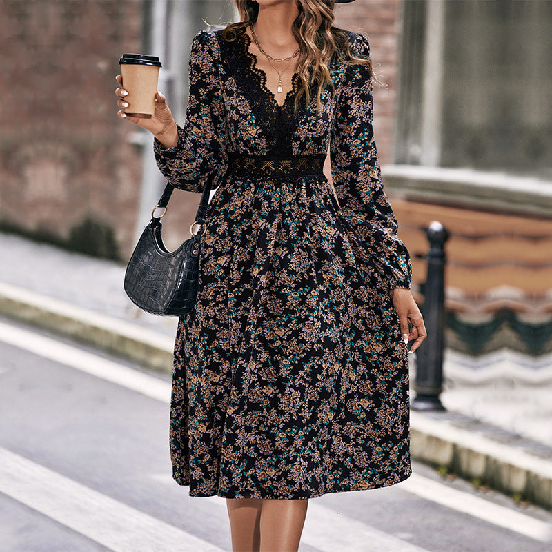 New Women's Spring And Autumn New Lace Lace V-Neck Slim Patchwork Dress
