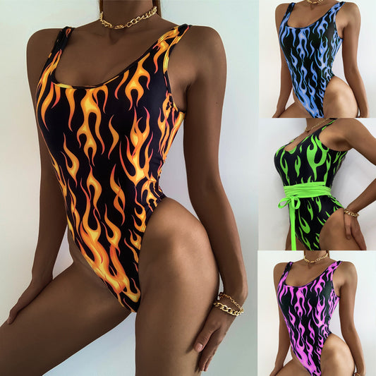 Russian Flame Print Jumpsuit Sexy Bodysuit Bikini