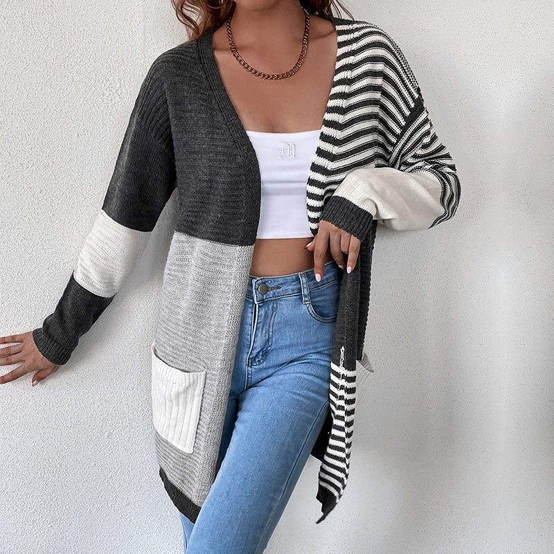 Autumn And Winter  Women's Patchwork Striped Cardigan Sweater Coat