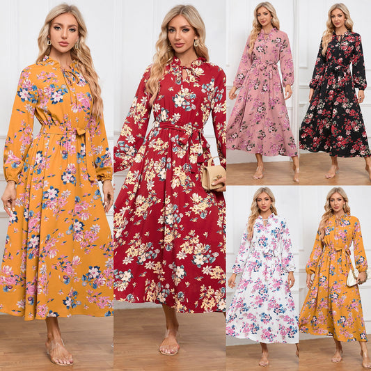 Slim-Fit Temperament Women Lantern Sleeve Stand Collar Lace Floral Skirt Mid-Length Dress