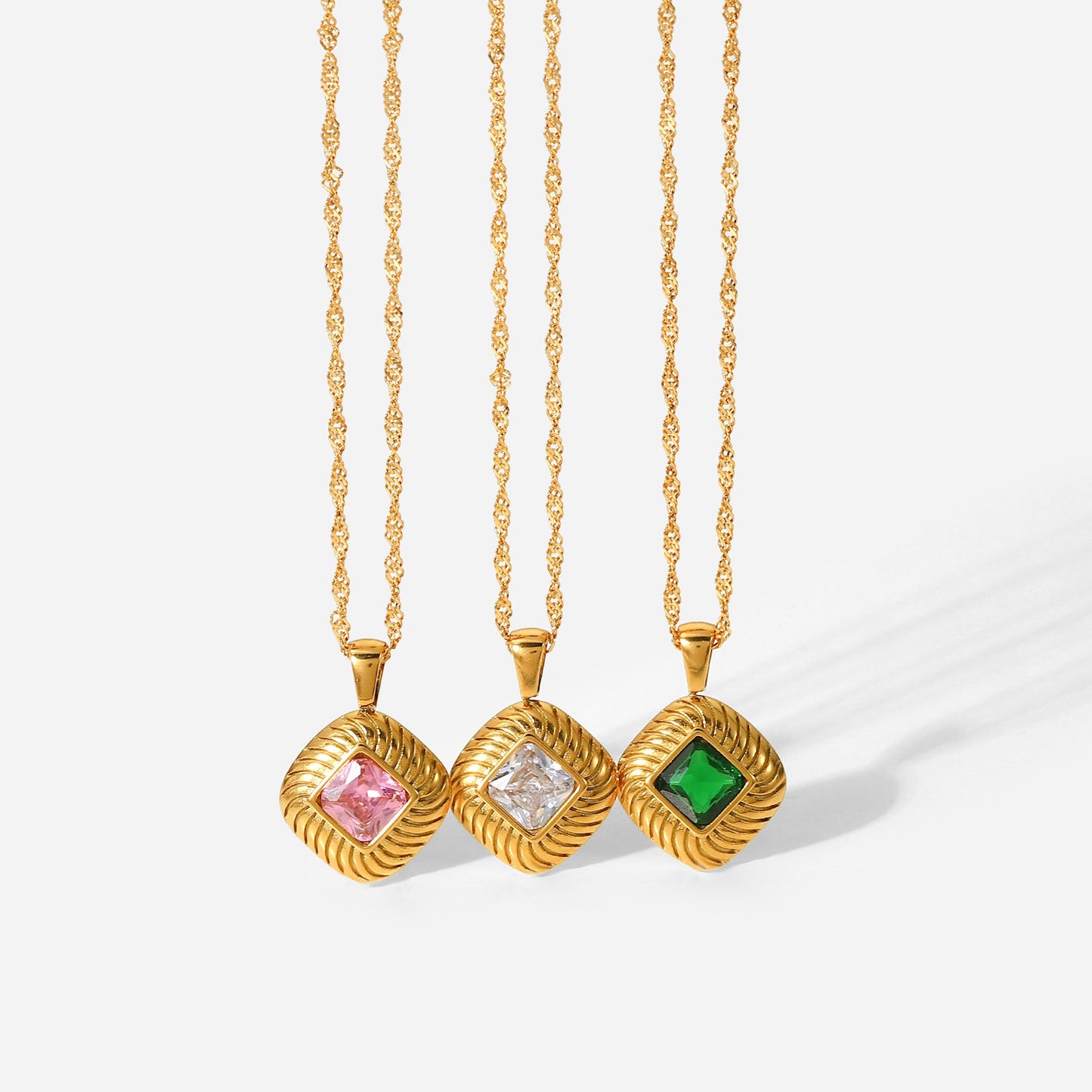 5pcs New Stainless Steel Necklace 18K Gold Square Rib Buttons White // Green Zircon Pendant Necklace For Women