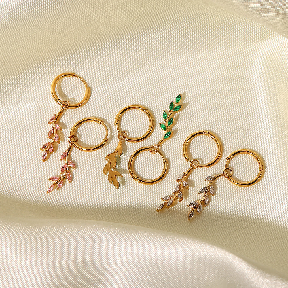 5pcs New Titanium Steel Pendant Earrings 18K Gold Inlaid Green // White Zircon Leaf Pendant Earrings Female