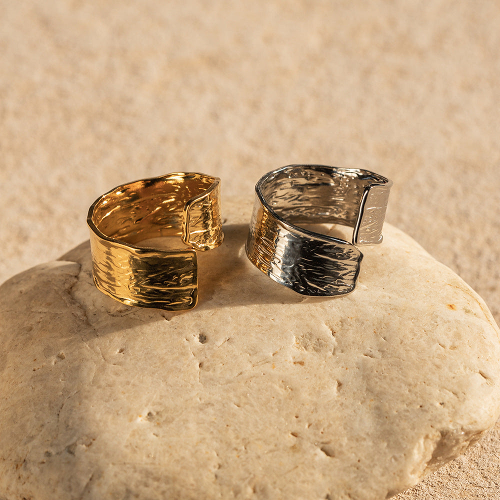 5pcs 18K Gold Plated Adjustable Stainless Steel Ring Wrinkle Fashion Jewelry Hand Ring Women's All-Match Niche Ring