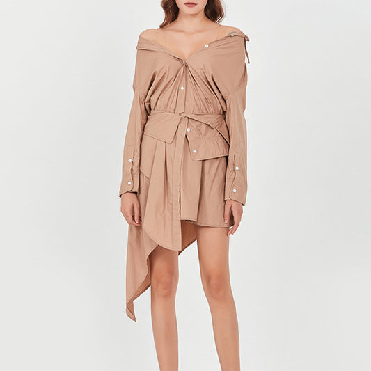 Spring New Fashion Temperament Of The Girl A Line Collar Single Breasted Muslin Patchwork Vest Asymmetrical Dress Female