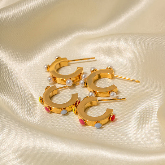 5pcs Earrings 18K Gold C-Shaped White Pearl Earrings High Design Non-Fading Earrings For Women