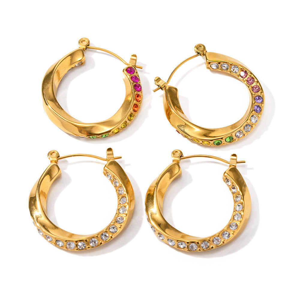 5pcs New Fashion 18K Stainless Steel Gold Set With White Diamond Mobius Twist Ring Titanium Steel Earrings