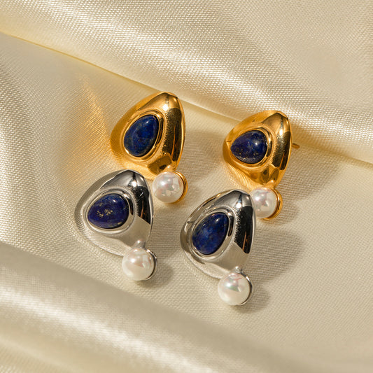 5pcs New 18K Gold Plated Triangle Set Lapis Stone Shell Pearl Stud Earrings Premium Earrings