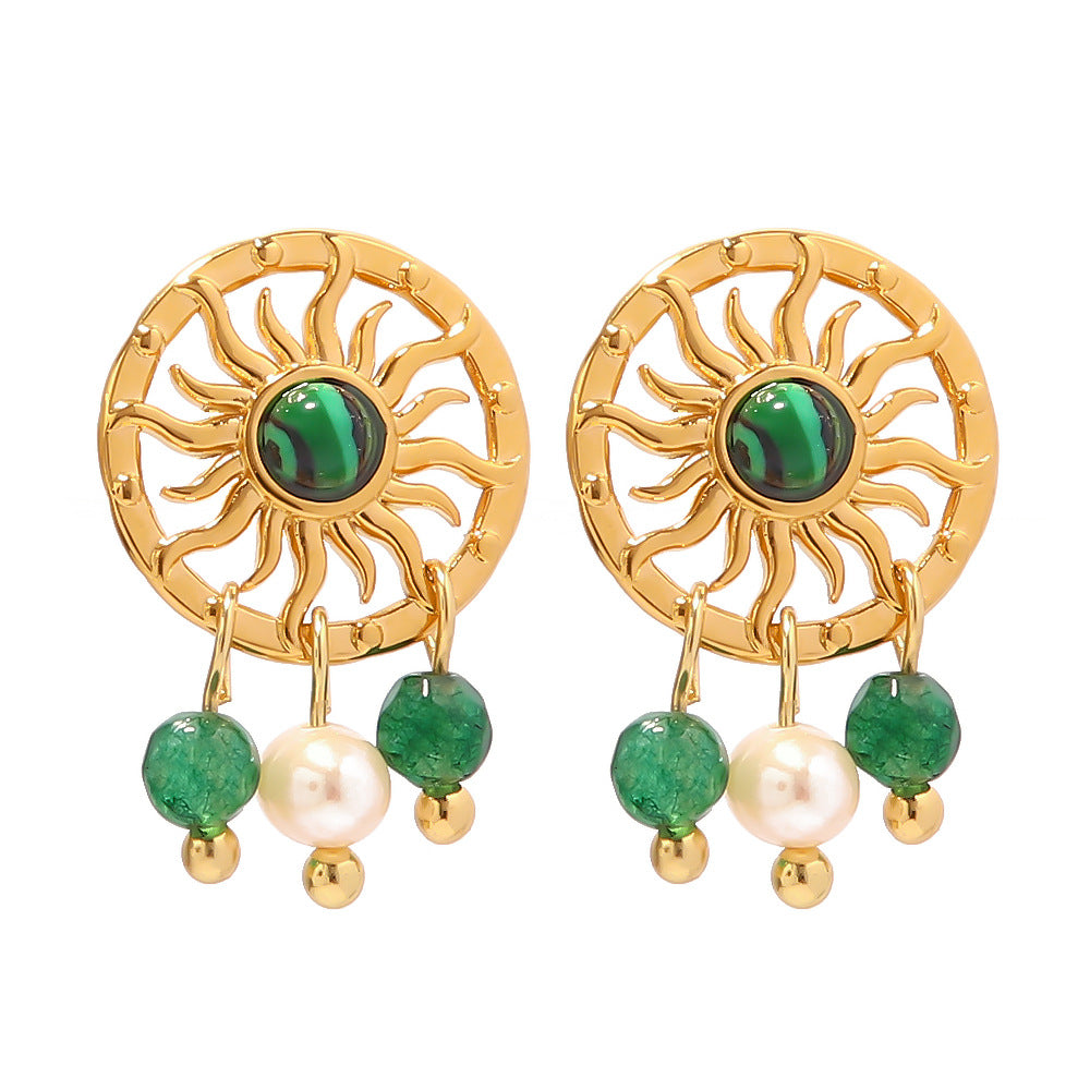 5pcs Vintage Stainless Steel Plated 18K Gold Inlaid Natural Stone Pendant Earrings For Women's Advanced Sense Does Not Fade