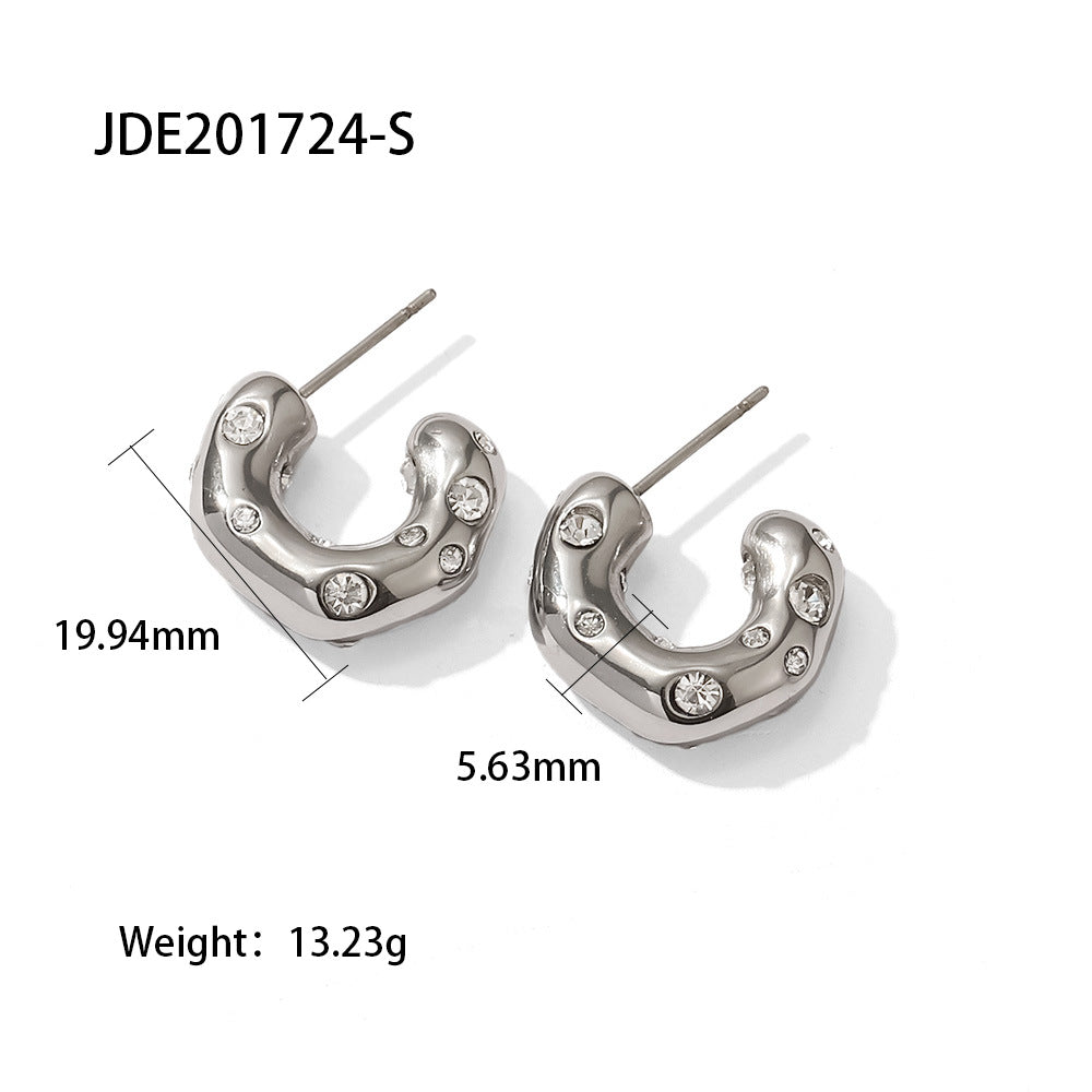 5pcs New Titanium Steel Earrings Big Name Shaped Hammer Grain Inlaid Zirconium C-Shaped Steel Color Earrings Jewelry Female