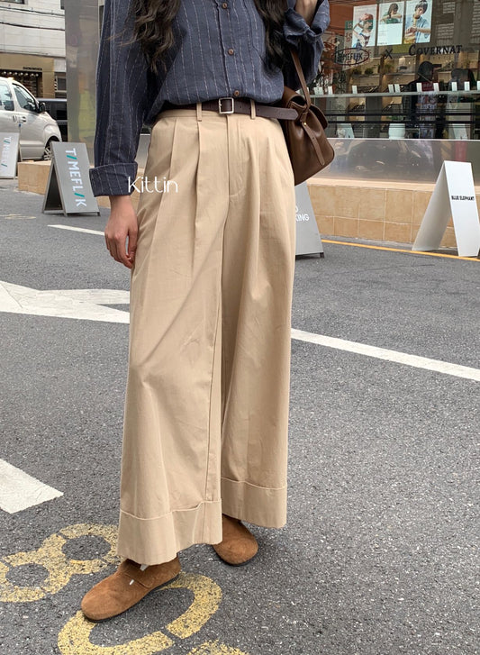 Kittin Autumn New Version Of Cotton Pants Legs Rolled Edge Wide Leg Pants Women Wash Cotton Casual Pants