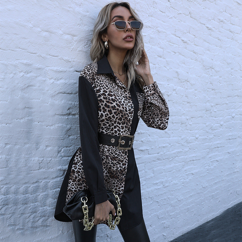Women's Long-Sleeved Slim-Fit Waist Lapel Long Leopard Print Patchwork Shirt