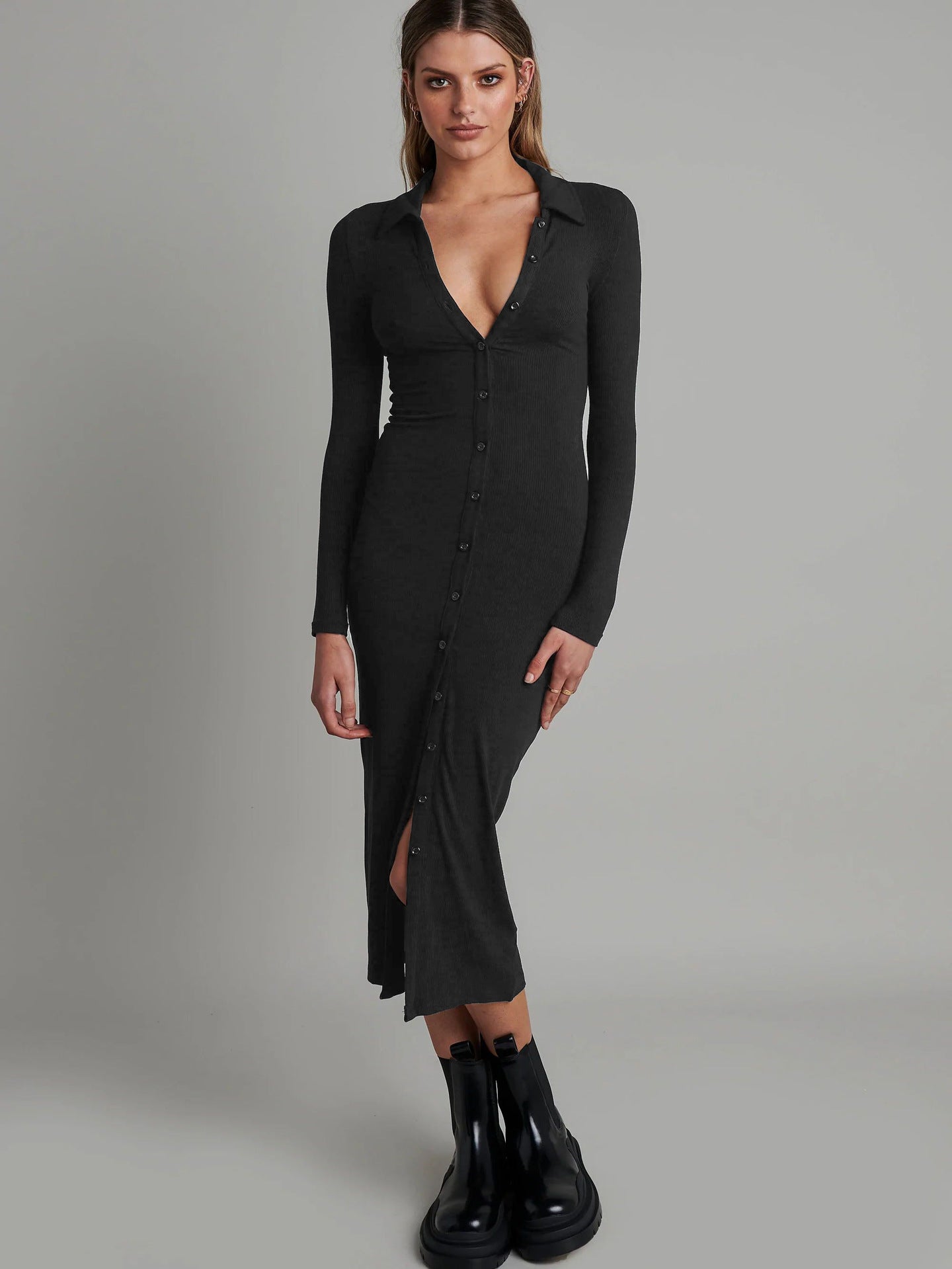 Hot New Button Cardigan Ribbed Long Sleeve Slim-Fit Dress Tight Wrap Hip Midi One-Step Skirt
