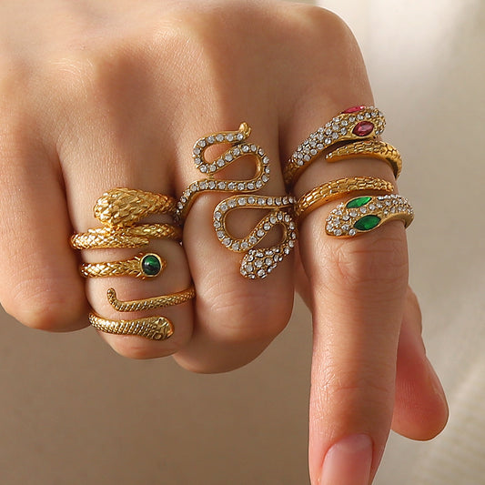 5pcs High Quality Vintage Style Titanium Steel Open Ring Encrusted With Diamond Serpentine Femininity Advanced Sense Of All-Match Ring Ring