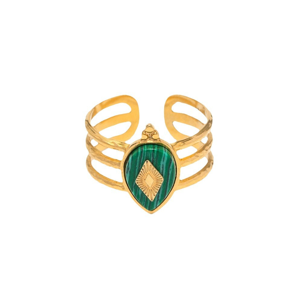 5pcs 18K Gold Plated Stainless Steel Design Natural Malachite Ring Women Do Not Fade Jewelry