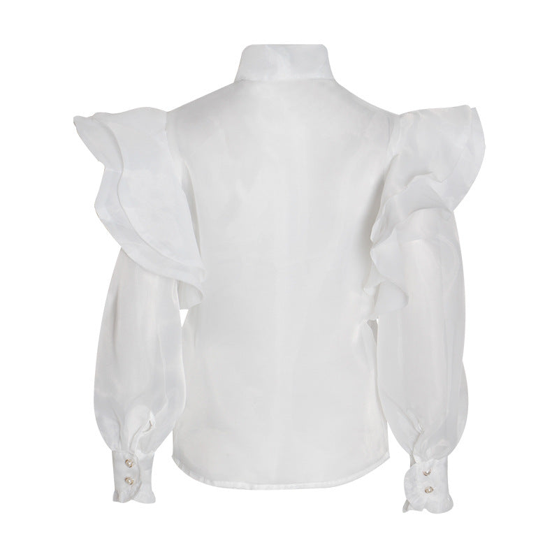 Palace Style Thin Organza Blouse For Women Spring Bow Tie With Stand-Up Collar Lantern Sleeve Slim Blouse For Women