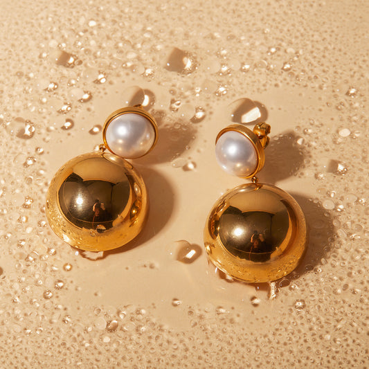 5pcs Maillard Style 18K Gold Stainless Steel Earrings Set With Pearl Hemispheres Pendant Earrings Hot Sale