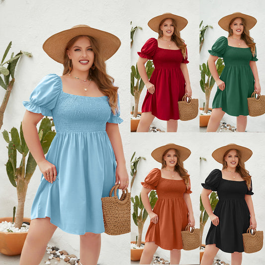 Women's Plus-Size Solid Color Leisure Vacation Dress Travel Square Collar Dress With Puffy Sleeves