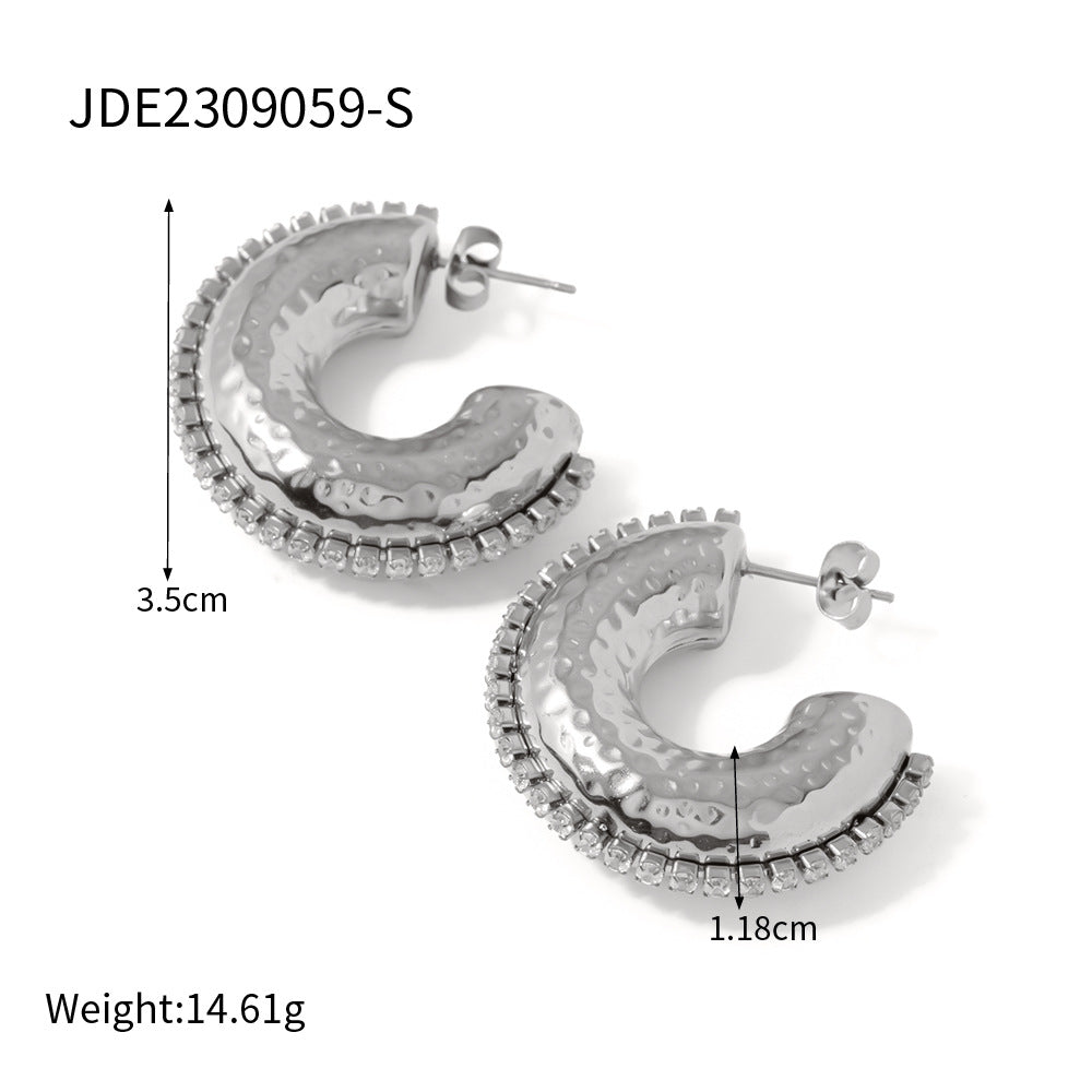 5pcs Titanium Steel 18K Gold Stainless Steel Hammer Pattern Inlaid White Diamond C-Shaped Earrings Temperament Niche Design