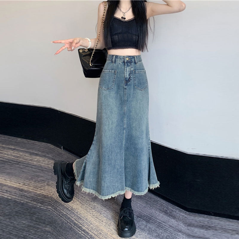 High Waist Raw Edge Fringe Fishtail Denim Skirt Women A Line Loose Casual Slimming Retro Bag Hip Mid-Length Skirt