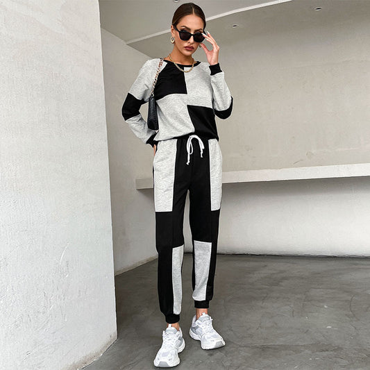 Casual Women's New Color Match Crew-Neck Hoodie Fashion Suit Female Two-Piece Set