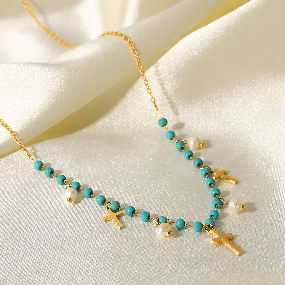 5pcs New Popular Women's Necklace Blue Stone Rice Bead Choker Cross Light Pearl Fringe Pendant Necklace