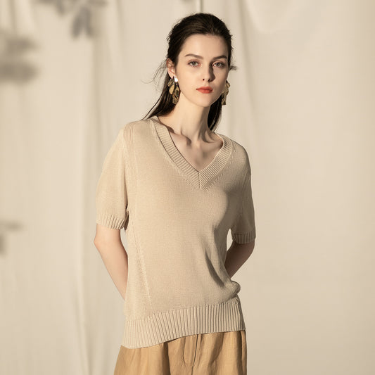Silver Knit Women Spring Summer New Women's Solid Color V-Neck Set Loose Sweater Women's Mid-Sleeve Women's Wear