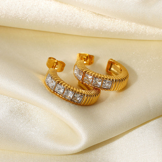 5pcs Stainless Steel Ring Earrings Jewelry 18K Gold Five Square Zirconium Thread C-Shaped Women's Earrings Jewelry